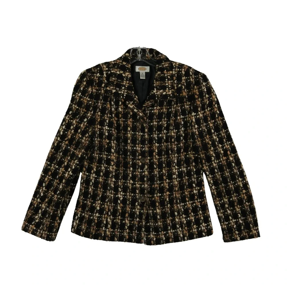 Talbots Blazer Women's Size 10 Black Tan Plaid Boucle Tweed Jacket Vintage‎